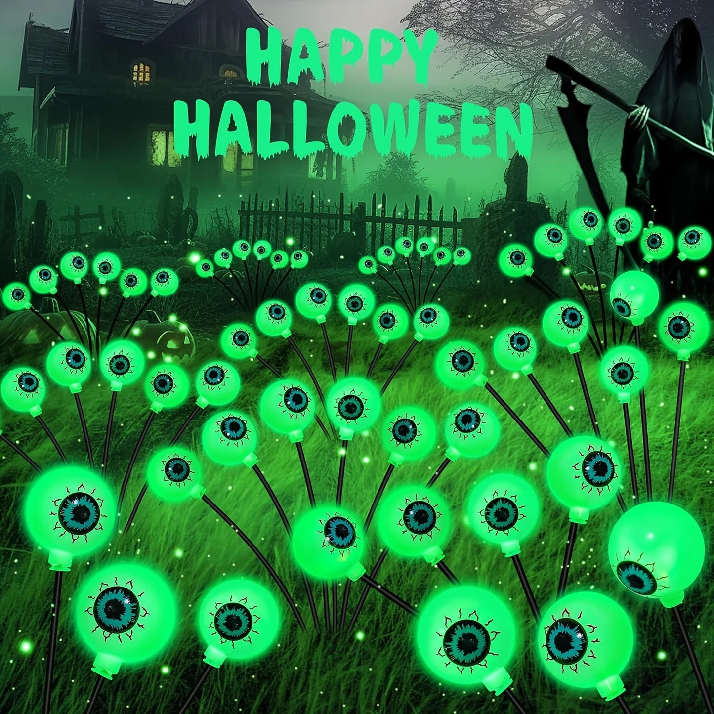 Halloween Outdoor Solar Eyeball Lights-LED Green&Purple Glow, Swinging Firefly Effect,for Creepy Yards, Lawns & Halloween Haunts