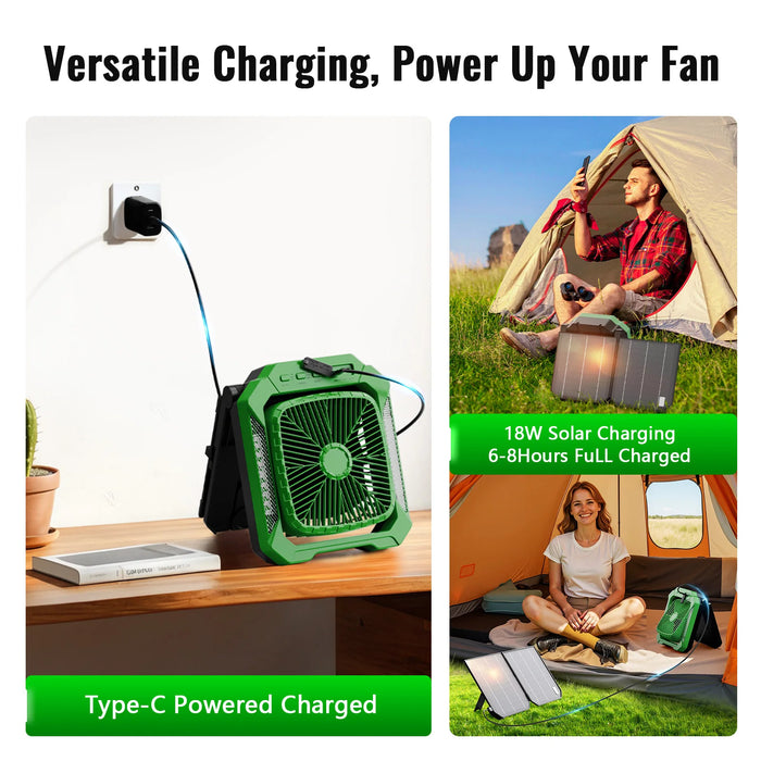 Solar Camping Fan With Foldable&Detachable 18W Solar Panel&20000mAh Rechargeable Battery LED Lantern 3-Speed Silent Timer Hook
