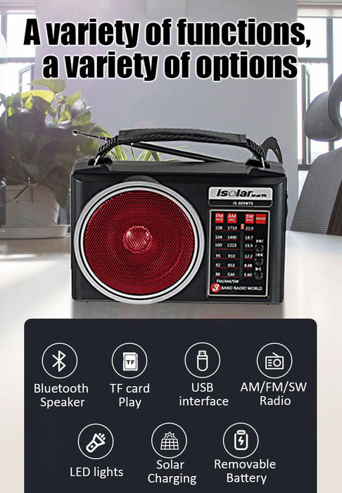Portable FM/AM/SW Radio Solar Charging Multi Band Emergency Radios Receiver Powerful Bluetooth Speaker with Flashlight USB