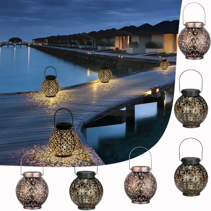 Solar Powered Garden Lights Outdoor Waterproof Metal Lanterns Hollow Design Projection Lighting for Patio Yard Decoration ﻿