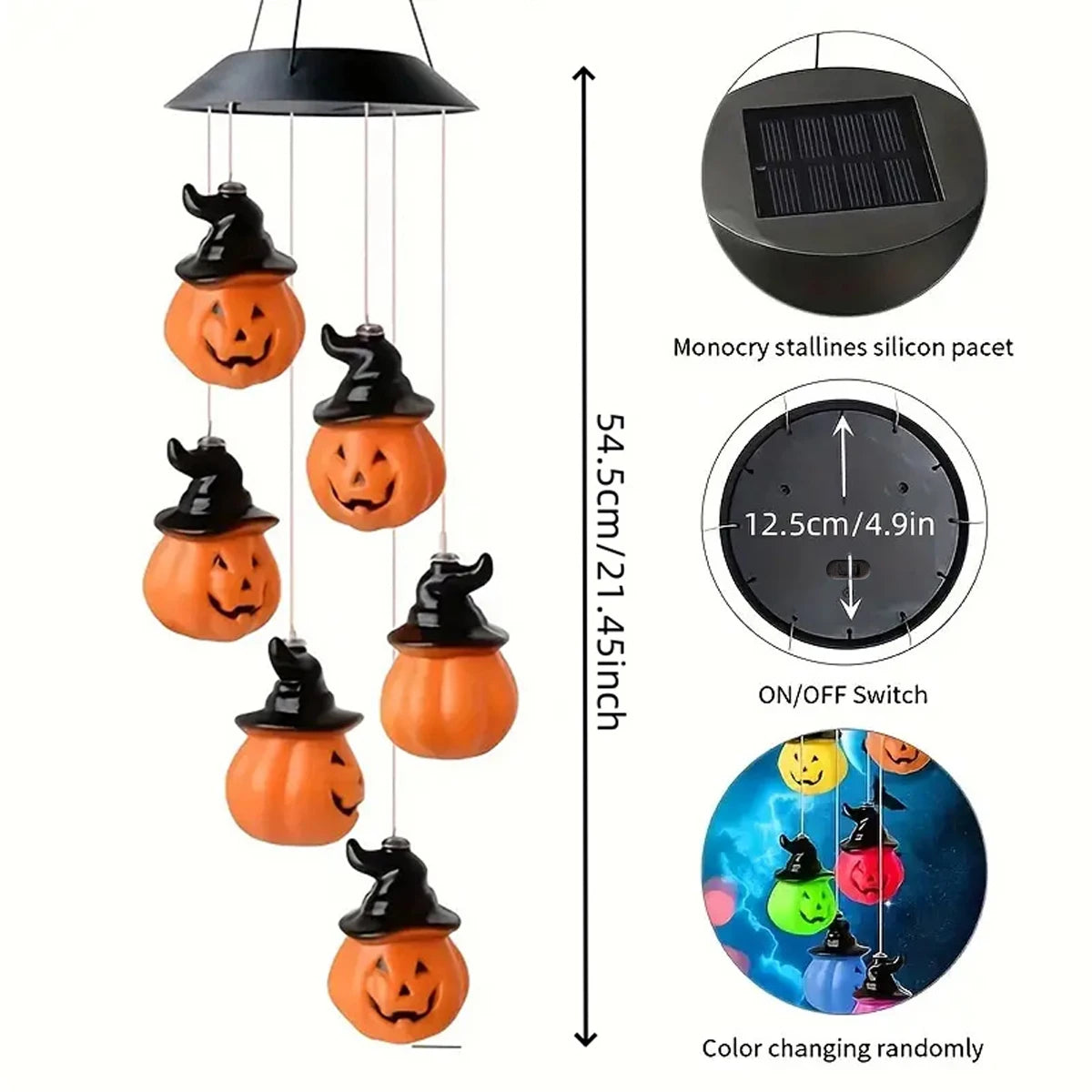 1PC Halloween Solar Wind Chimes Color Changing with 6 LED Pumpkin Waterproof Lights by Solar Powered Suitable For Holiday Party