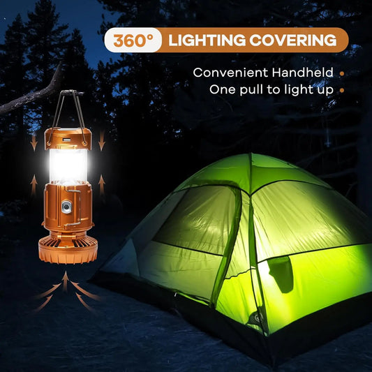 Solar Camping Lantern with Fan USB Rechargeable Camping Fans Outdoor Waterproof Charging Light for Outage Tent Camping Treking