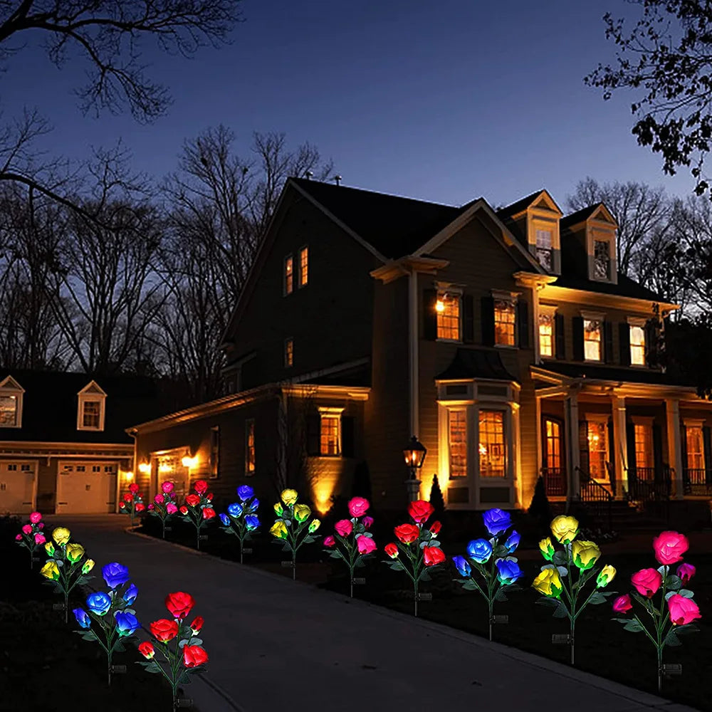 5 Heads Solar Lights Outdoor Decorative Solar Garden Lights Rose Flower Lawn Lamp for Yard Patio Garden Decor