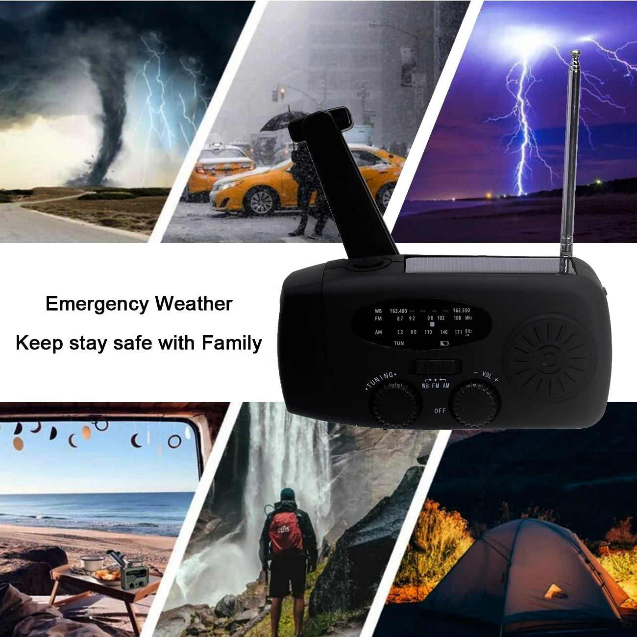 SOS Car Emergency Radio 2000mAh LED Light Large Capacity Hand Powered Solar Rechargeable Portable USB (FM/AM/NOAA) WB Radio