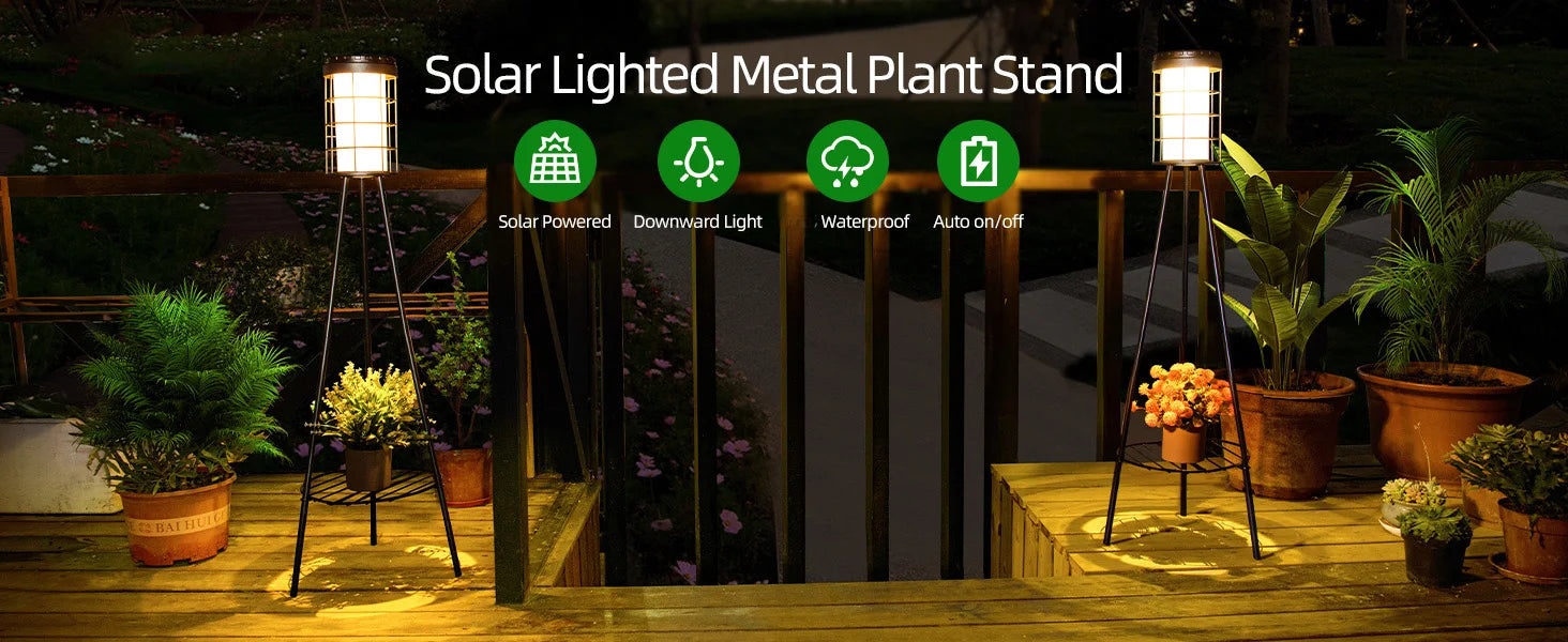 Outdoor Patio Decor Solar Floor Lamp with Plant Stand Waterproof Flower Shelf Solar Lights for Porch Garden Deck Yard