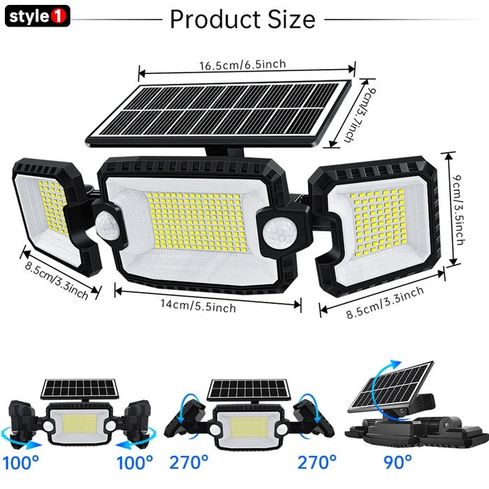 Security Solar Lights Outdoor 167 LED Adjustable 3 Heads with 3 Modes Wireless Motion Sensor Super Waterproof  Spot Flood Lights