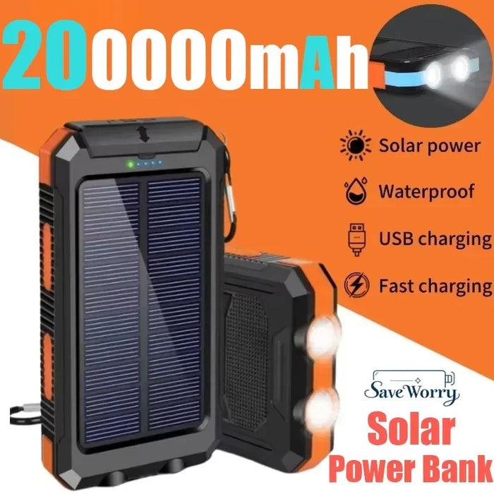 NEW 200000mAh Solar Power Bank Portable Charging Poverbank External Battery Charger Strong Light LDE Light for All Smartphones