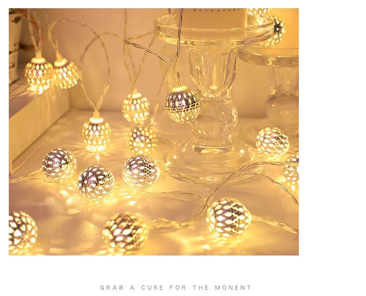 Solar LED String Lights Outdoor Iron Art Moroccan Ball Led String Lamp Gold Ball Silver Iron Round Ball