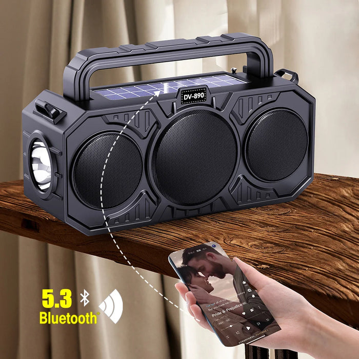 Solar Wireless Bluetooth Speaker Dual Solar Power Rechargeable with Flashlight  FM Radio TF USB MP3 Music Player Audio System