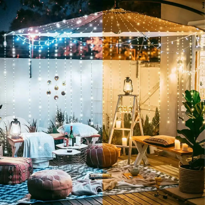 Christmas LED Solar Courtyard Curtain Lights Outdoor Waterproof Fairy String Lights with 8 Modes Garden Window Bedroom Wedding