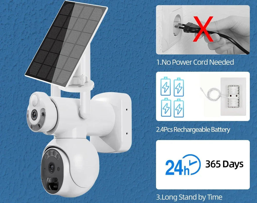 Solar Wireless PTZ Security Camera Auto Traking Outdoor 4K HD Wifi Battery CCTV Video Surveillance Camera Color Night Vision 8MP