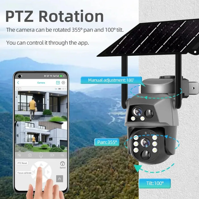 Solar Camera 4G Sim Card Outdoor Dual Lens 8MP 4K IP Camara With Solar Panel CCTV Security Built in Battery PIR Motion Detection