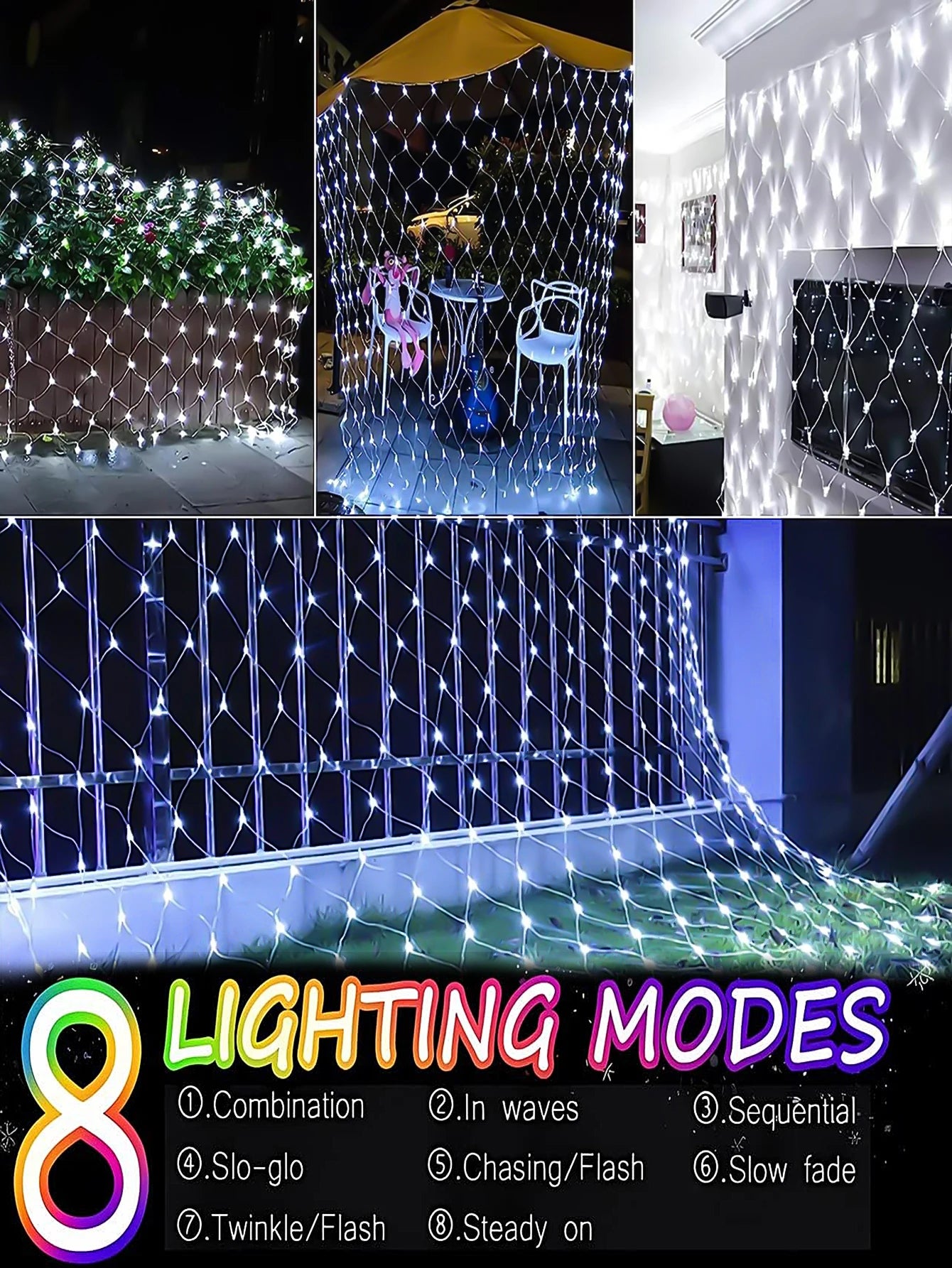 1pc Solar Net Lights Bush Net Lights Mesh Lights 8 Modes Remote Control Auto On/Off Outside Twinkle Lights For Patio Wall Roof