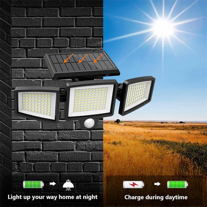 Solar Security Lights 210 LED 3 Head Motion Sensor Flood Light w/ Remote Waterproof 270° Wall Light with 3 Modes for Garage Yard