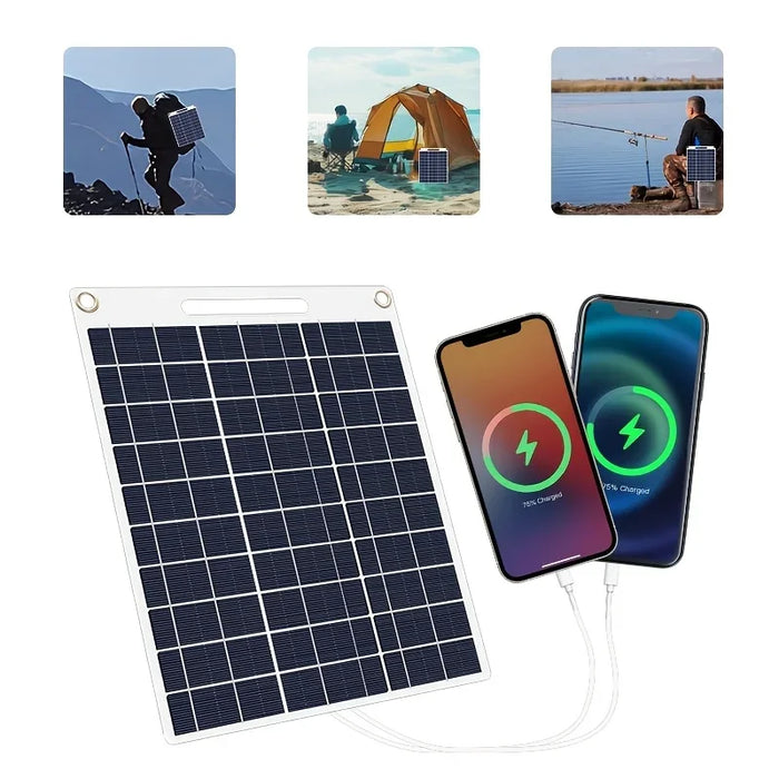 Portable solar power bank with two USB ports, suitable for outdoor camping, charging mobile phones or other electronic devices.