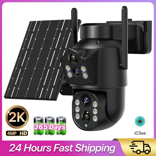 Solar Camera 365 Days Long Standby PIR Wifi Outdoor Dual Lens 4MP HD PTZ IP Camara 7.6W Solar Panel CCTV Security Camera ICSee