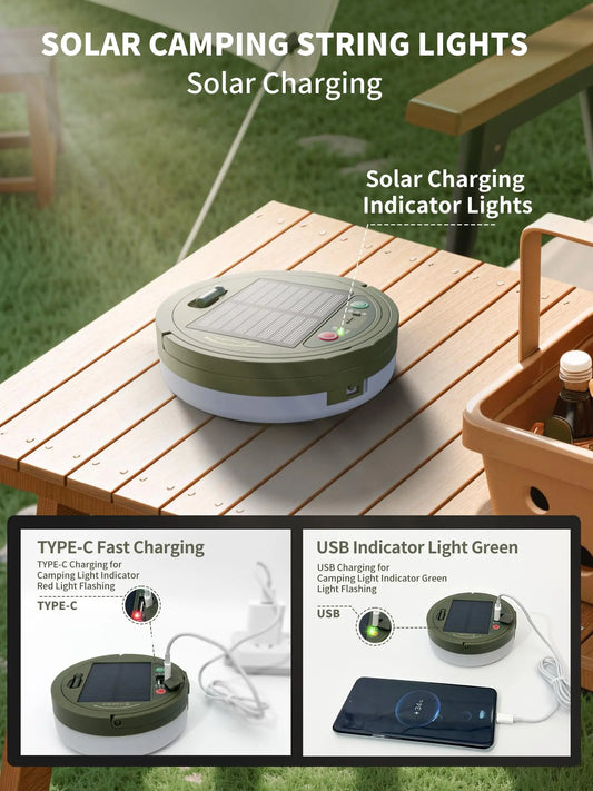 Solar Camping String Lights for Outside, 33FT Retractable Colored Lights Camping with Snap, Waterproof Camp Light for Tent Decor