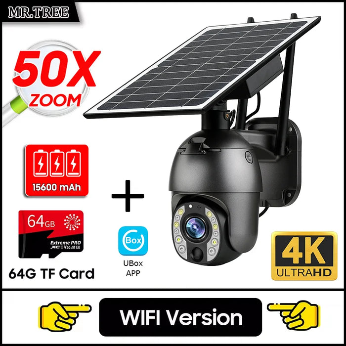 Home Outdoor Surveillance Solar Camera 4G SIM 50X Optical Zoom 4K Wifi Security Protection Cam Human Detection CCTV IP Cameras