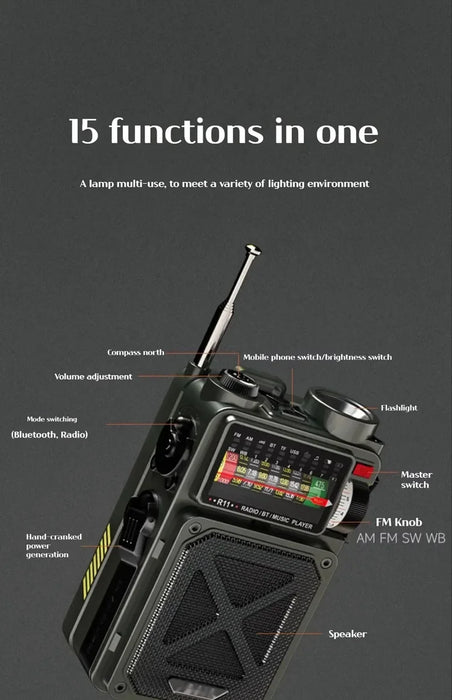 Hand-operated Emergency Solar Bluetooth Outdoor Camping Alarm Radio Multi-band Earthquake Prevention Solar Radio With Flashlight