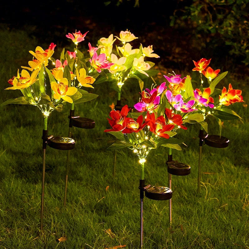 Flower Solar Lights Outdoor Garden, LED Solar Flower Lights with 7 Orchid Flower Solar Stake Lights for Courtyard Pathway lights