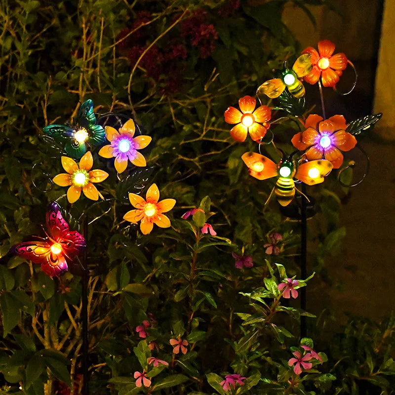 Solar Garden Lights Flowers Insect Decorative Garden Stakes Sun Lamp Waterproof Metal Yard Art Decor For Outside Lawn Yard Patio