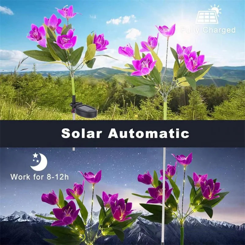 Flower Solar Lights Outdoor Garden, LED Solar Flower Lights with 7 Orchid Flower Solar Stake Lights for Courtyard Pathway lights
