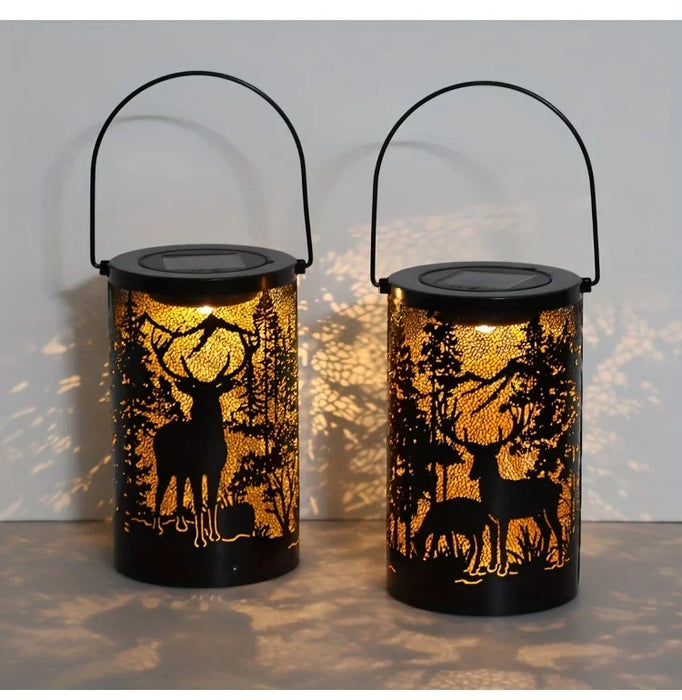 Solar Lantern Deer And Forest Pattern Hollow Projection Light Outdoor Garden Decor Threshold Courtyard Landscape Terrace Lamp