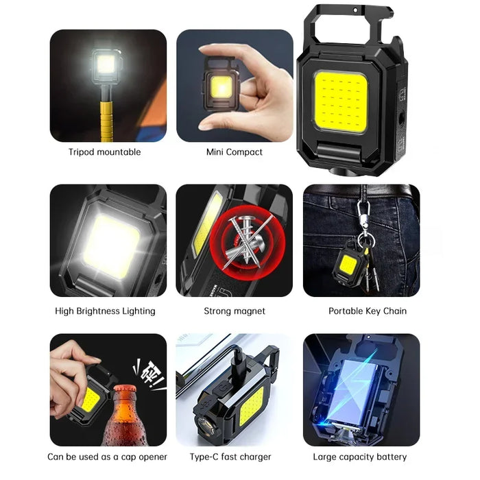 Mini Keychain Light 1000LM COB LED XPE Pocket Work Light USB Rechargeable Flashlight IPX4 Waterproof for Outdoor Camping Hiking