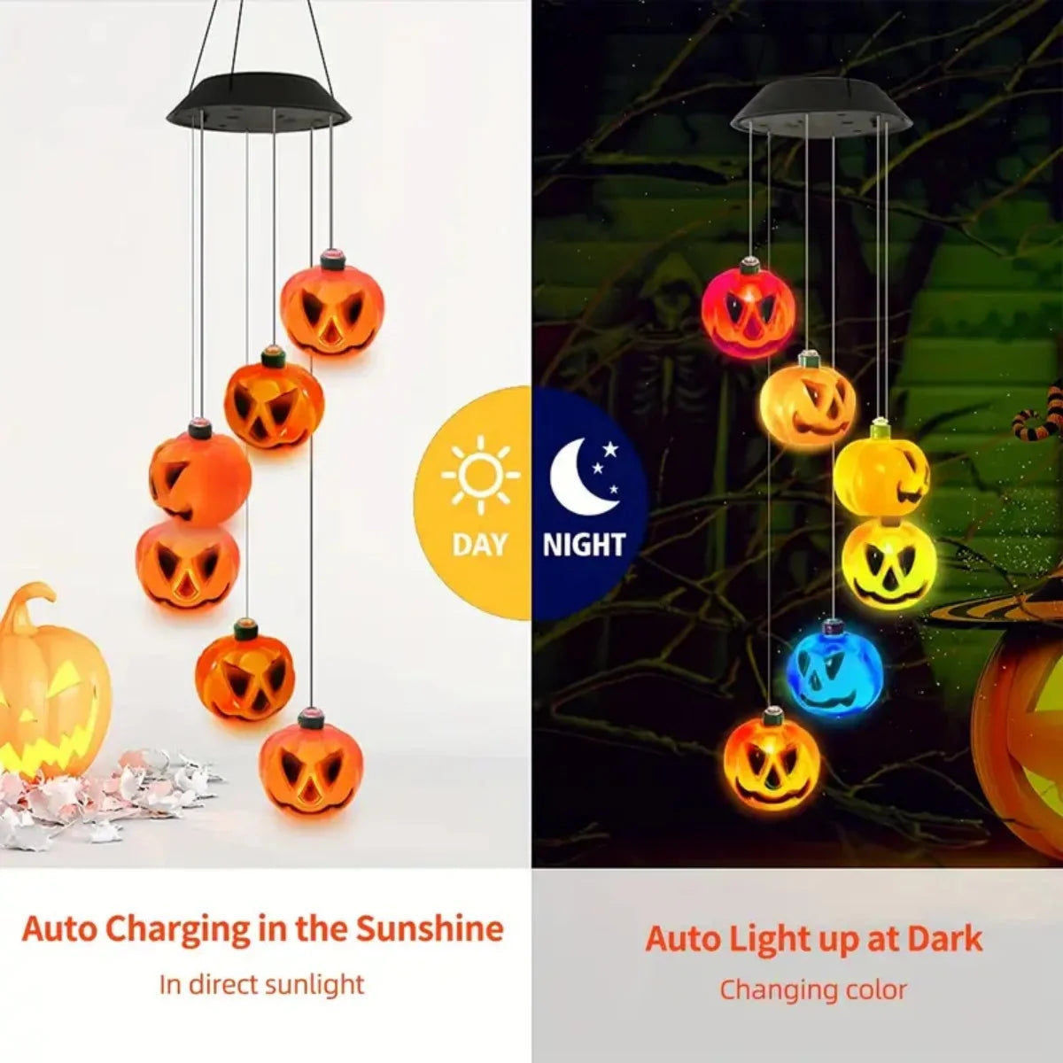 1PC Halloween Solar Wind Chimes Color Changing with 6 LED Pumpkin Waterproof Lights by Solar Powered Suitable For Holiday Party