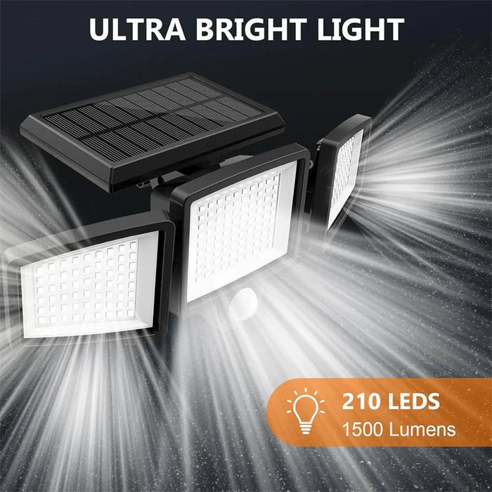 Solar Security Lights 210 LED 3 Head Motion Sensor Flood Light w/ Remote Waterproof 270° Wall Light with 3 Modes for Garage Yard