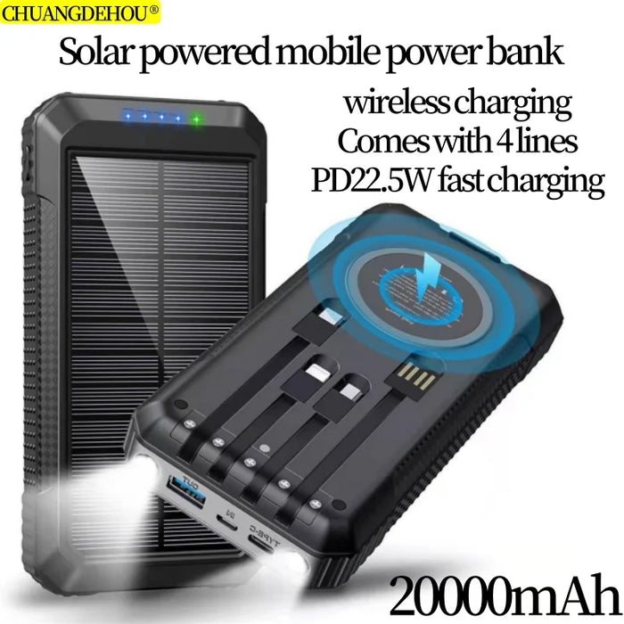 Portable Solar Power Bank Pd22.5W Fast Charging 20000Mah Large Capacity, Wireless Fast Charging and Comes with 4 USB Cord Mobile Power Supply, with Strong Light Led Light, Solar Power Bank Fast Rechargeable Battery