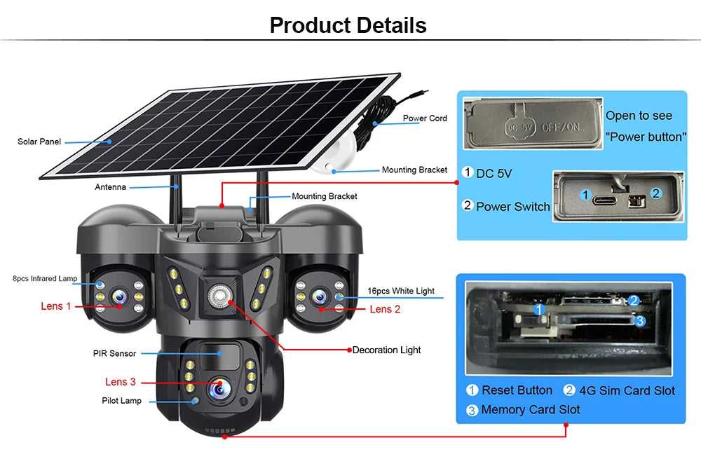 Solar Power 4G Camera With Europe Sim Card Triple Lens Three Screens Outdoor Waterproof Battery CCTV Security V380 Video Camaras