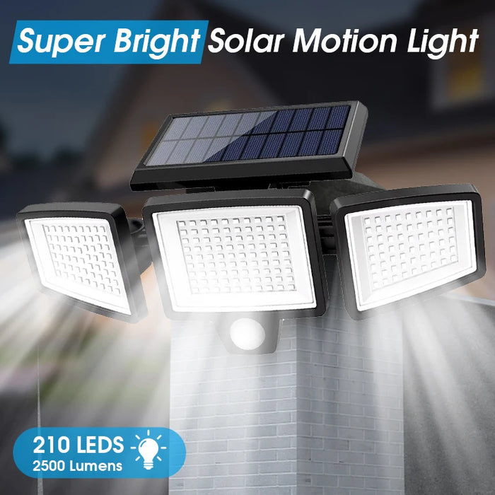 Solar Security Lights 210 LED 3 Head Motion Sensor Flood Light w/ Remote Waterproof 270° Wall Light with 3 Modes for Garage Yard