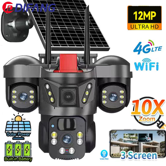 Wireless WiFi Solar Camera Three Lens Three Screen 4G Sim Card Solar Cam Human Detection Outdoor Solar Surveillance V380