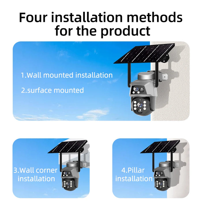 Solar Camera 4G Sim Card Outdoor Dual Lens 8MP 4K IP Camara With Solar Panel CCTV Security Built in Battery PIR Motion Detection