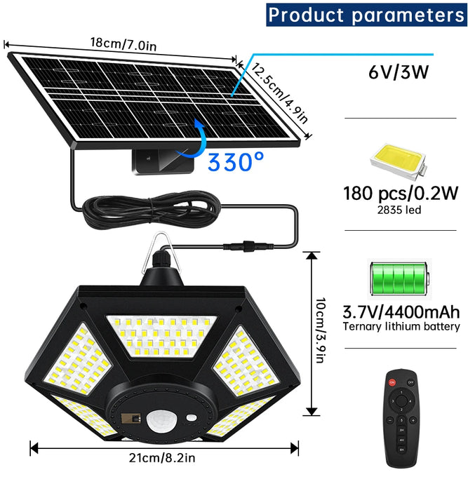 Solar Shed Light Solar Pendant Light For Indoor Outdoor 180 LED 1000LM Solar Lamp With Remote Control for Barn Gazebo Garage