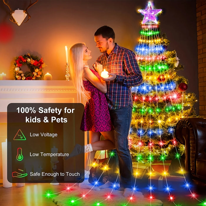 350 LED Solar Christmas Star String Lights 9 Strands Outdoor Fairy Waterfall Tree Lights  For Garden Yard Patio Xmas Decor