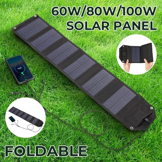 100W/80W/60W Foldable Solar Panel USB 5V Solar Charger Portable Solar Cell Outdoor Phone Power Bank for Camping Hiking + Cable