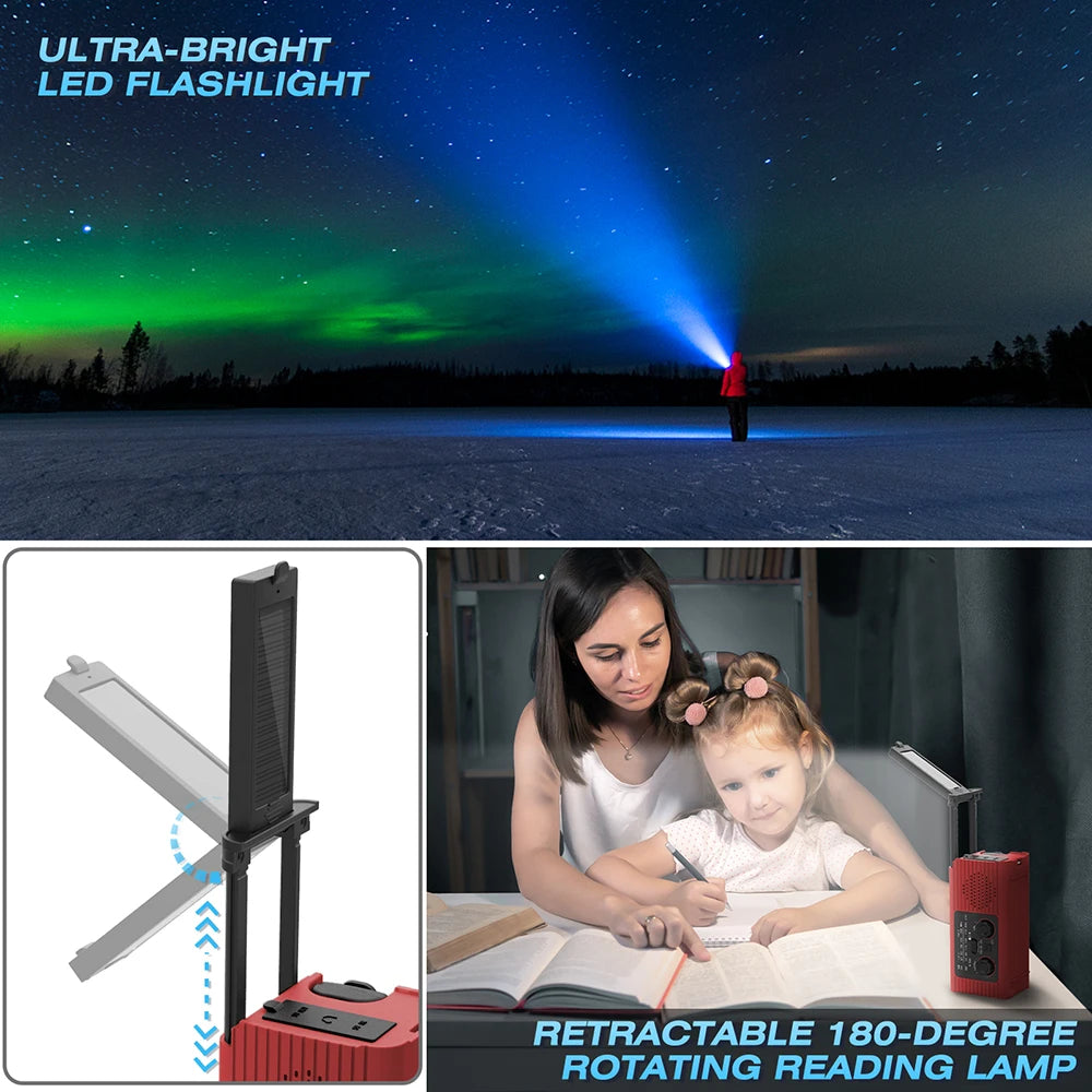 SOS Alarm Emergency Hand Crank Radio AM/FM NOAA Solar Power USB Chargeable 4000mAh Power Bank Portable Radio with LED Flashlight