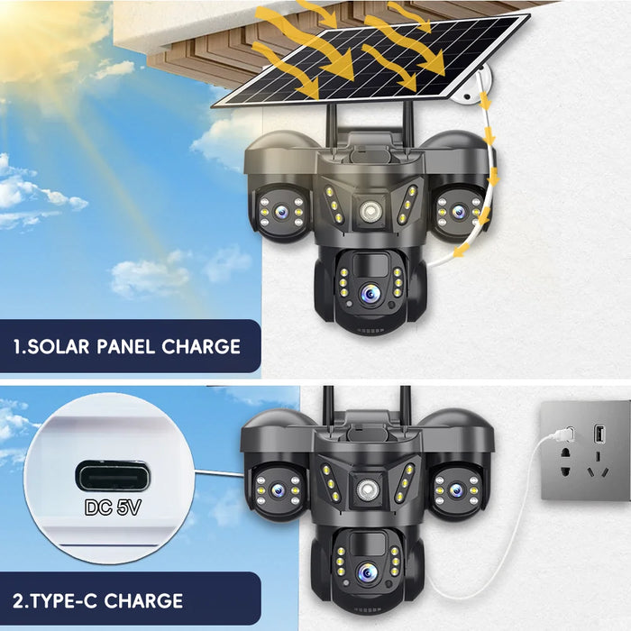 Solar WIFI IP Camera with Battery 15MP Three Lens Three Screen Monitor Night Vision Security Protection PTZ Video Surveillance