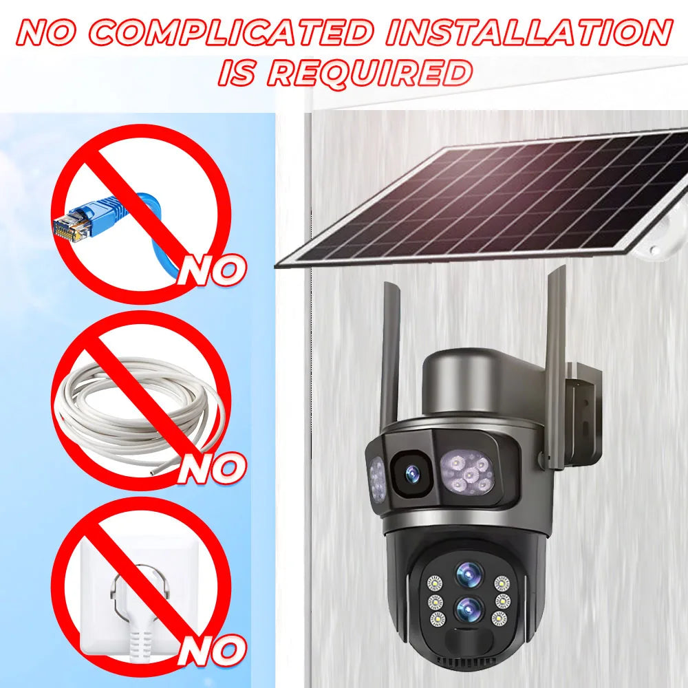 Solar Camera 4G Sim Three Screens 10X Zoom 6K 12MP Outdoor Surveillance Tracking Wireless Security Cameras Cctv Solar Power Cam