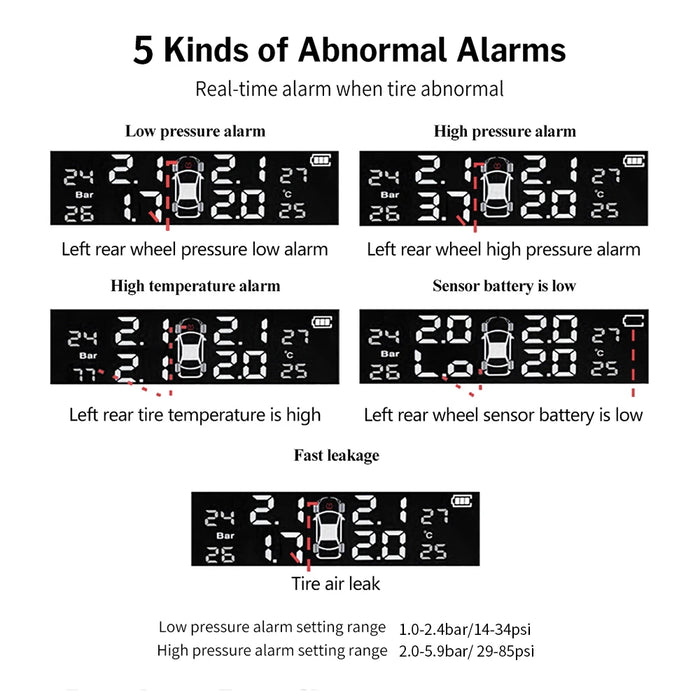 Solar Power Car Tire Pressure Alarm Digital Display Auto Smart Tpms Tire Pressure Monitor System Temperature Warning with Sensor