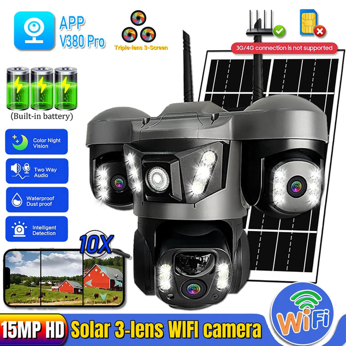 Solar WIFI IP Camera with Battery 15MP Three Lens Three Screen Monitor Night Vision Security Protection PTZ Video Surveillance