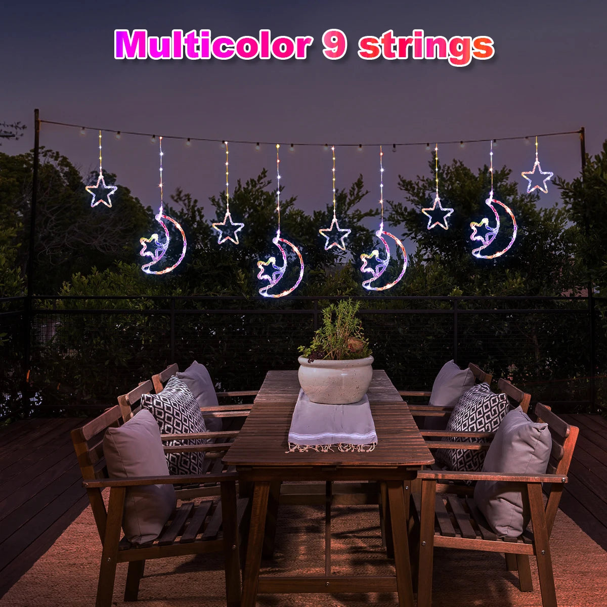 LED Decor Light Solar Moon Star Lights String Light Outdoor Waterproof Solar Powered Curtain Lights with 8 Modes Ramadan Hanging