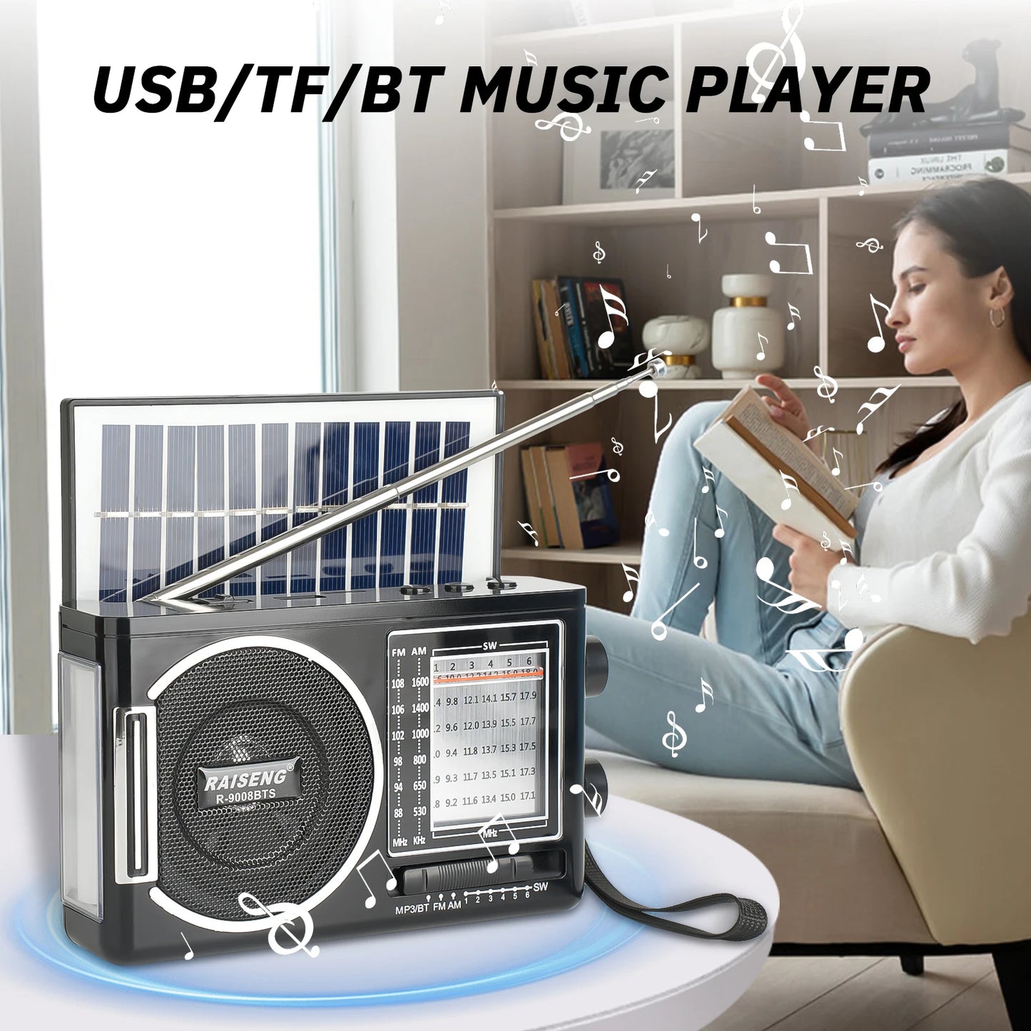 9008BTS classic solar radio, AM/FM speaker, USB/TF card interface, 3 charging methods, suitable for outdoor activities