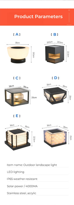 Outdoor Pillar Light Solar Powered Energy Saving IP65 Post Cap Lamp Auto Dusk-to-Dawn Sensor for Garden Villa Gate Pathway Fence