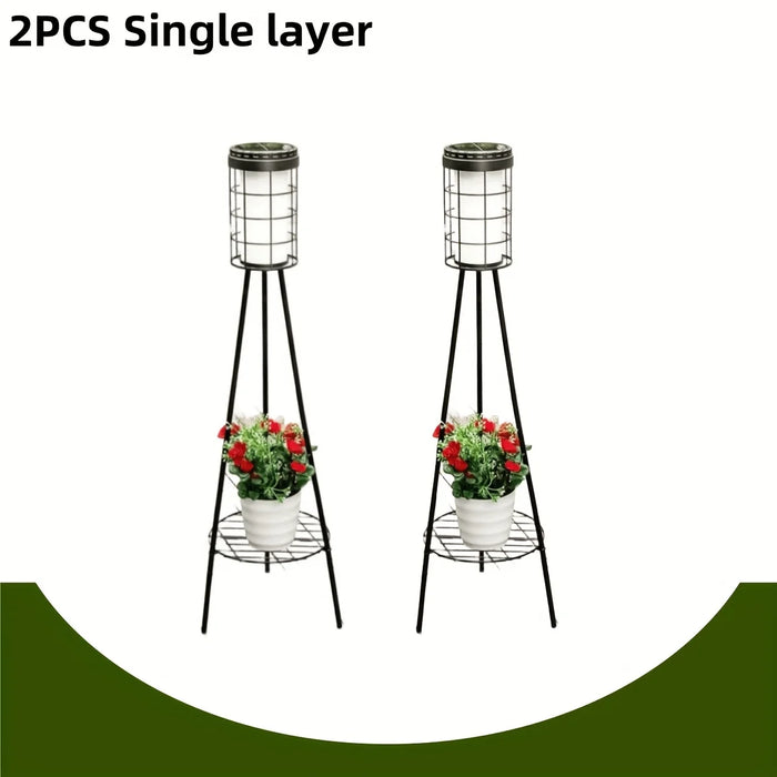 Outdoor Patio Decor Solar Floor Lamp with Plant Stand Waterproof Flower Shelf Solar Lights for Porch Garden Deck Yard