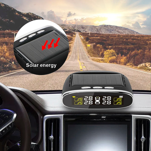 Car Tire Pressure Alarm Monitor System Solar Power TPMS Temperature Alert LCD Display With 4 Internal/External Sensor