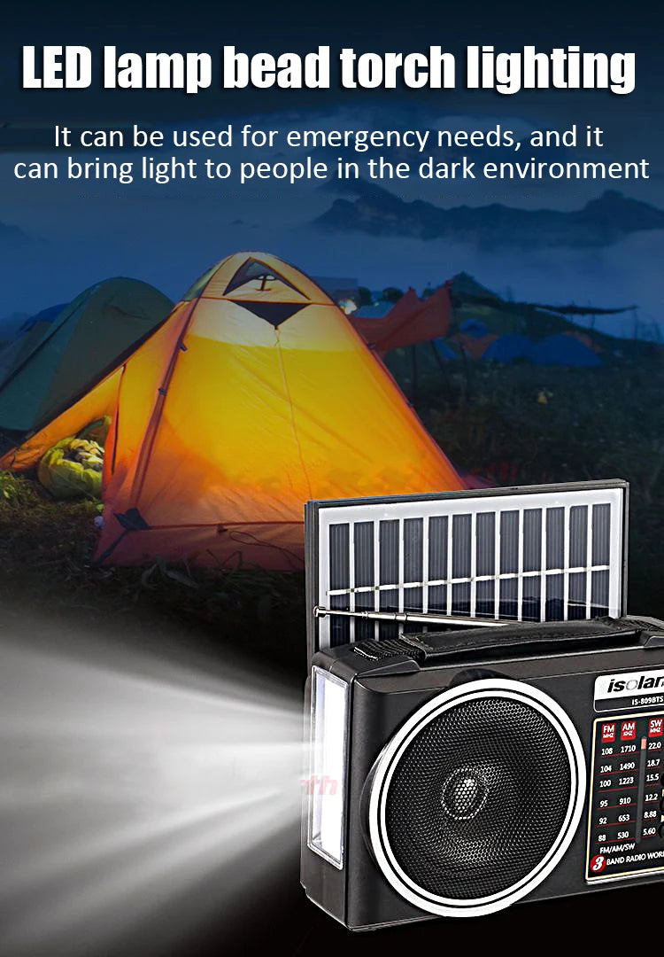 1pc Portable FM/AM/SW Radio Solar Charging Multi Band Emergency Radios Receiver Powerful Bluetooth Speaker with Flashlight USB
