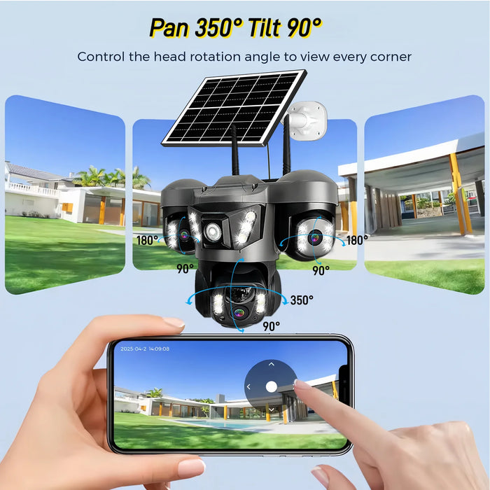 Solar WIFI IP Camera with Battery 15MP Three Lens Three Screen Monitor Night Vision Security Protection PTZ Video Surveillance